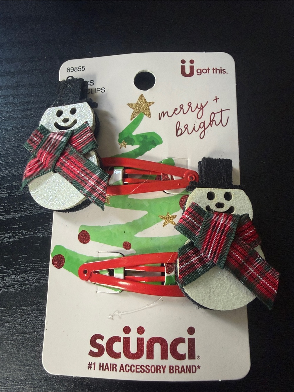 scünci Red Snowman Snap Hair Clips with Plaid Scarves - Set of 2